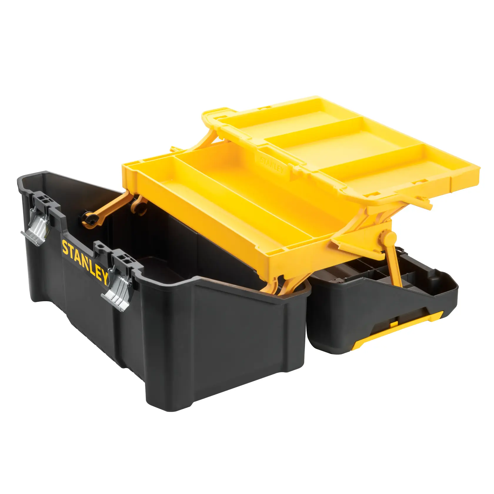 Caja de herramientas STANLEY STST83397-1 negra y amarilla con bandejas abiertas, foto en ángulo frontal.