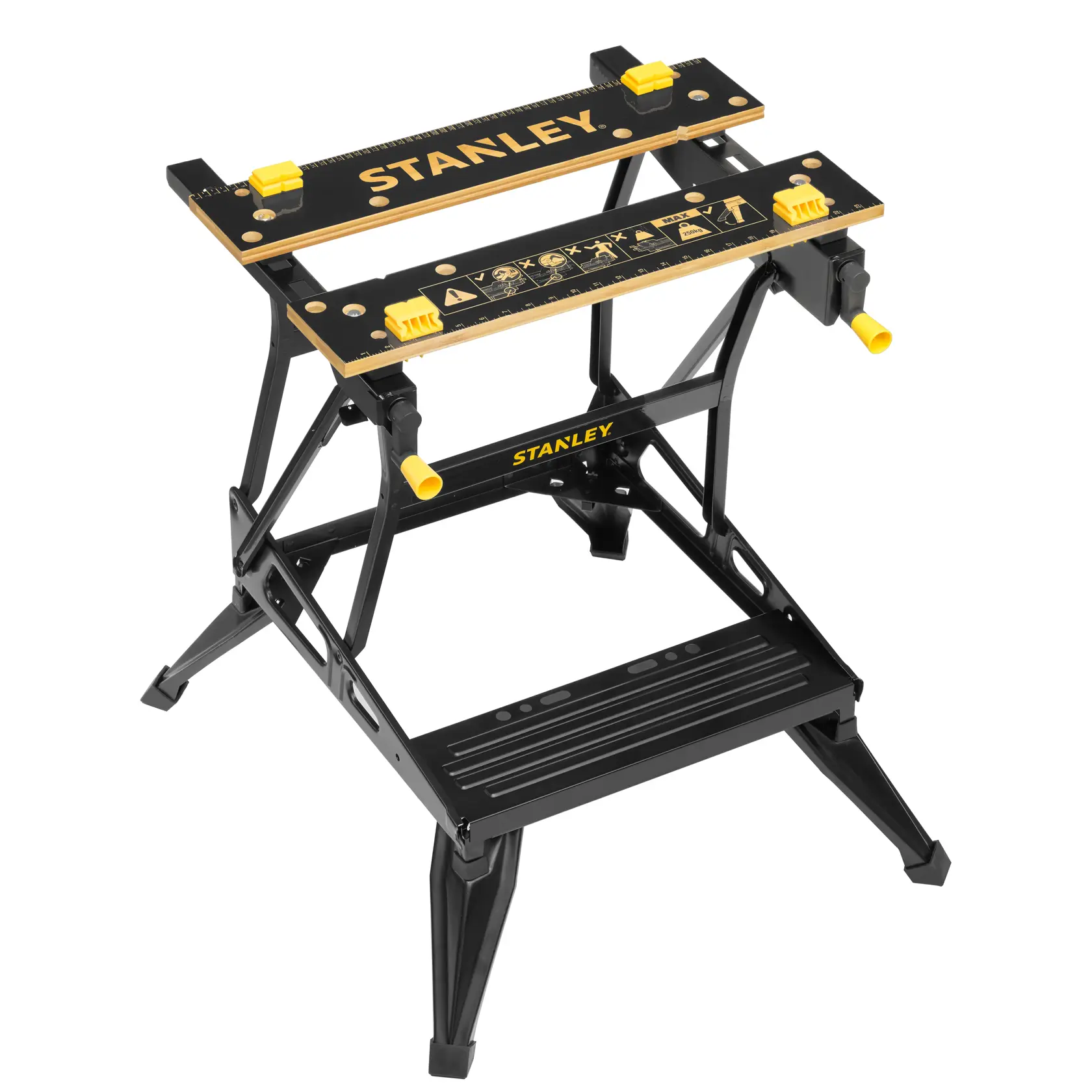 Banco de trabajo STANLEY STST83400-1 negro y amarillo con estructura plegable y pinzas ajustables, vista frontal.