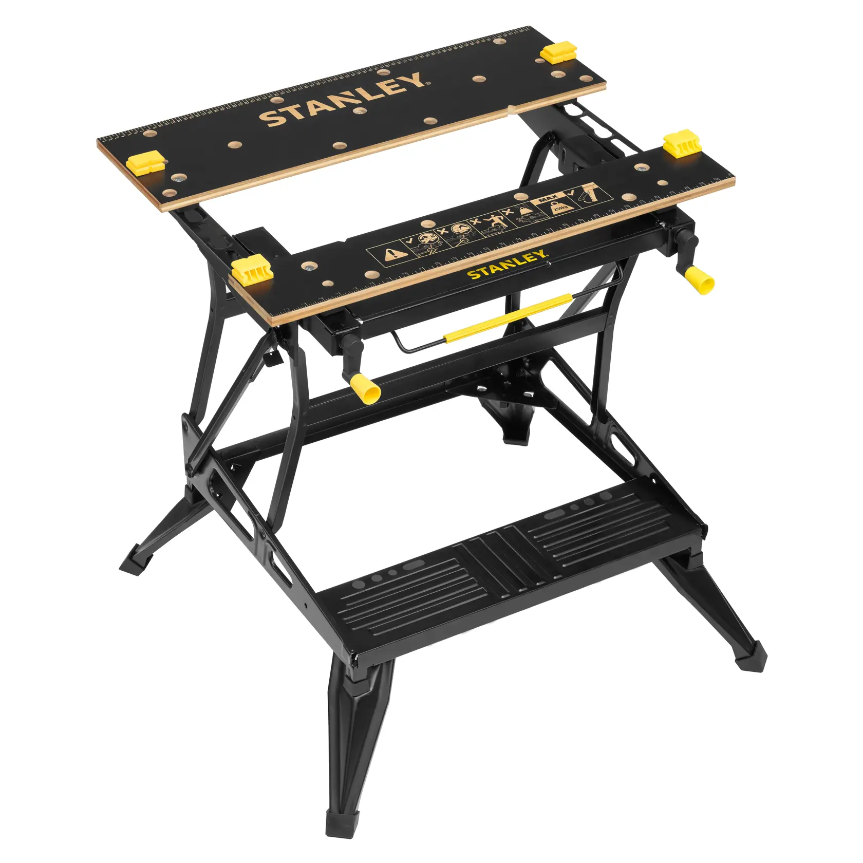 Banco de trabajo plegable STANLEY STST83800-1 negro y amarillo con abrazaderas ajustables, ángulo lateral sobre fondo blanco.