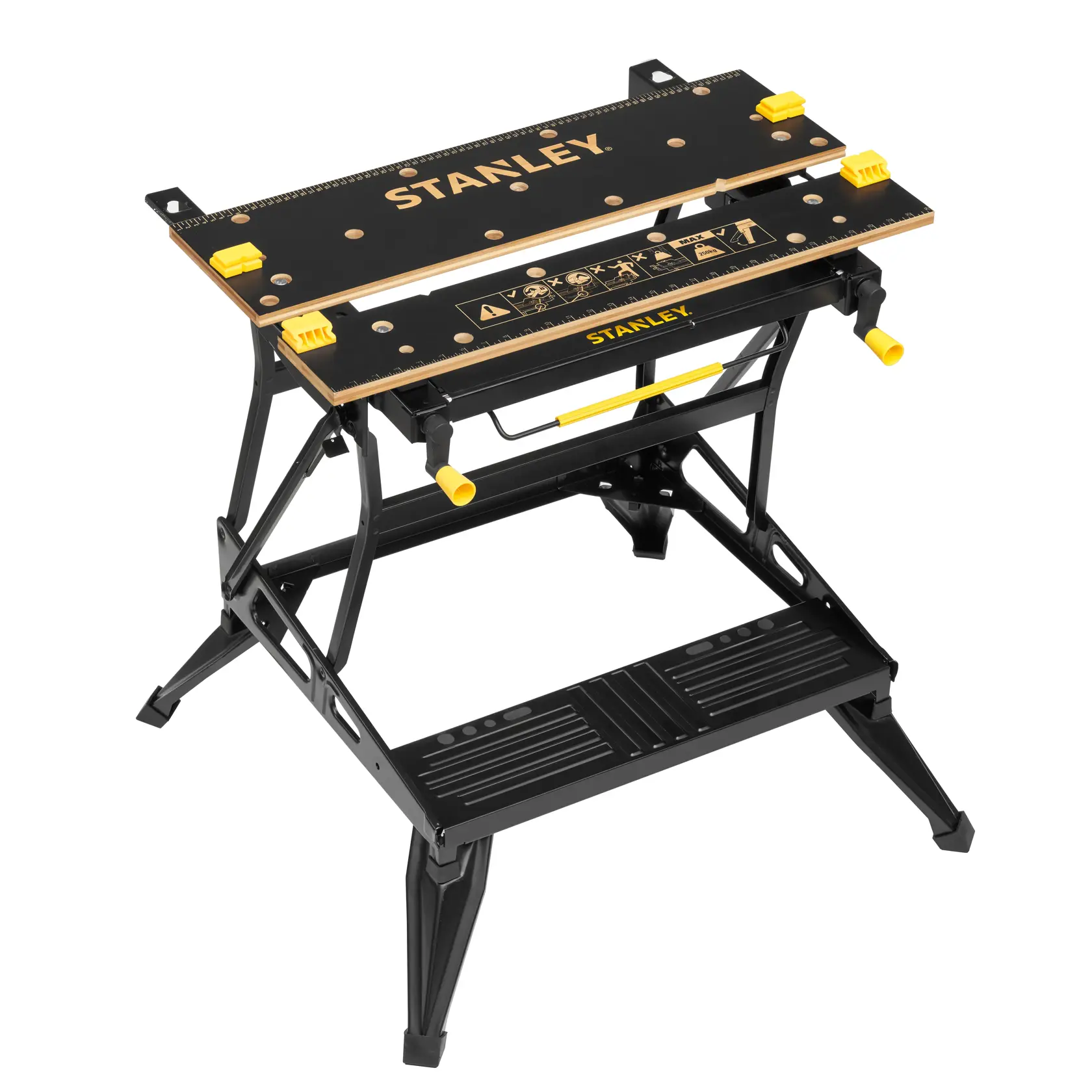 STANLEY STST83800-1 banco de trabajo plegable con estructura metálica negra y amarilla, tablero con regla, ángulo frontal.