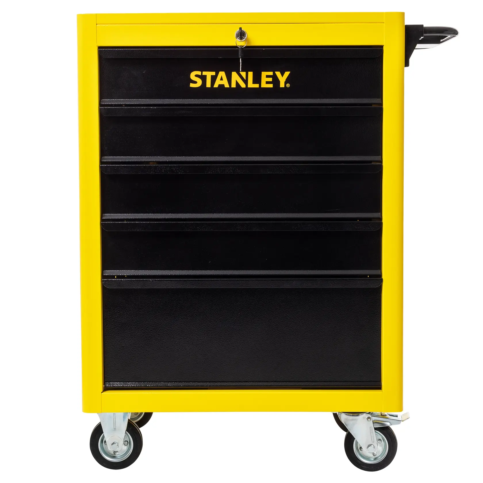 STANLEY STST98623LA gabinete de herramientas con cinco cajones negros, marco amarillo, ruedas giratorias, foto frontal.