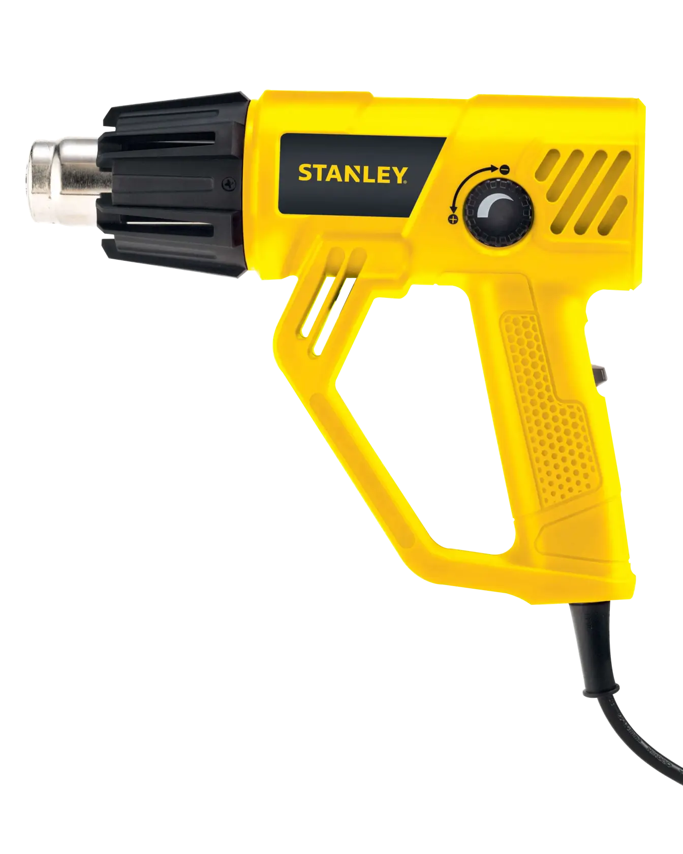 STANLEY STXH2000K pistola de calor amarilla, vista lateral, con regulador de temperatura y boquilla negra.