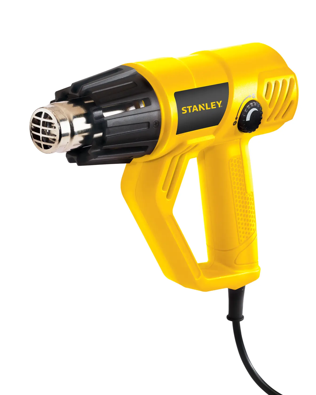 Fotografía de pistola de calor amarilla STANLEY STXH2000, vista lateral derecha, con boquilla y dial negros.