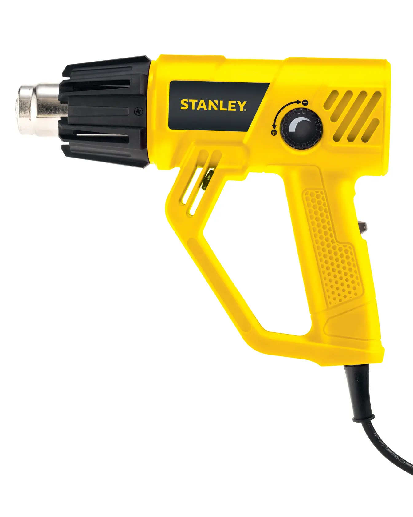 STANLEY STXH2000 pistola de calor amarilla con detalles en negro, vista lateral, perilla de control de temperatura visible y cable.