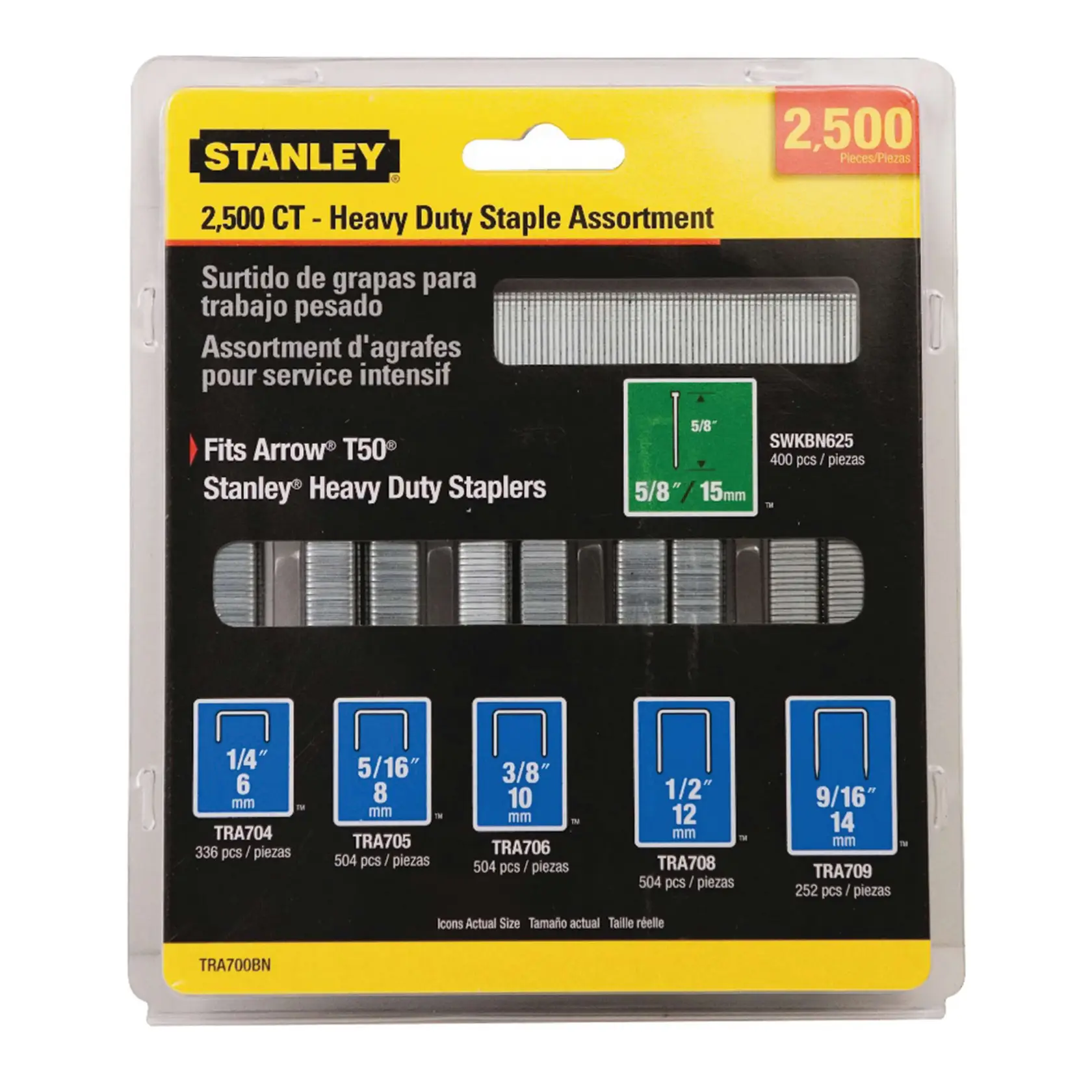 Vista frontal del surtido de grapas STANLEY para trabajo pesado, 2,500 grapas en varios tamaños