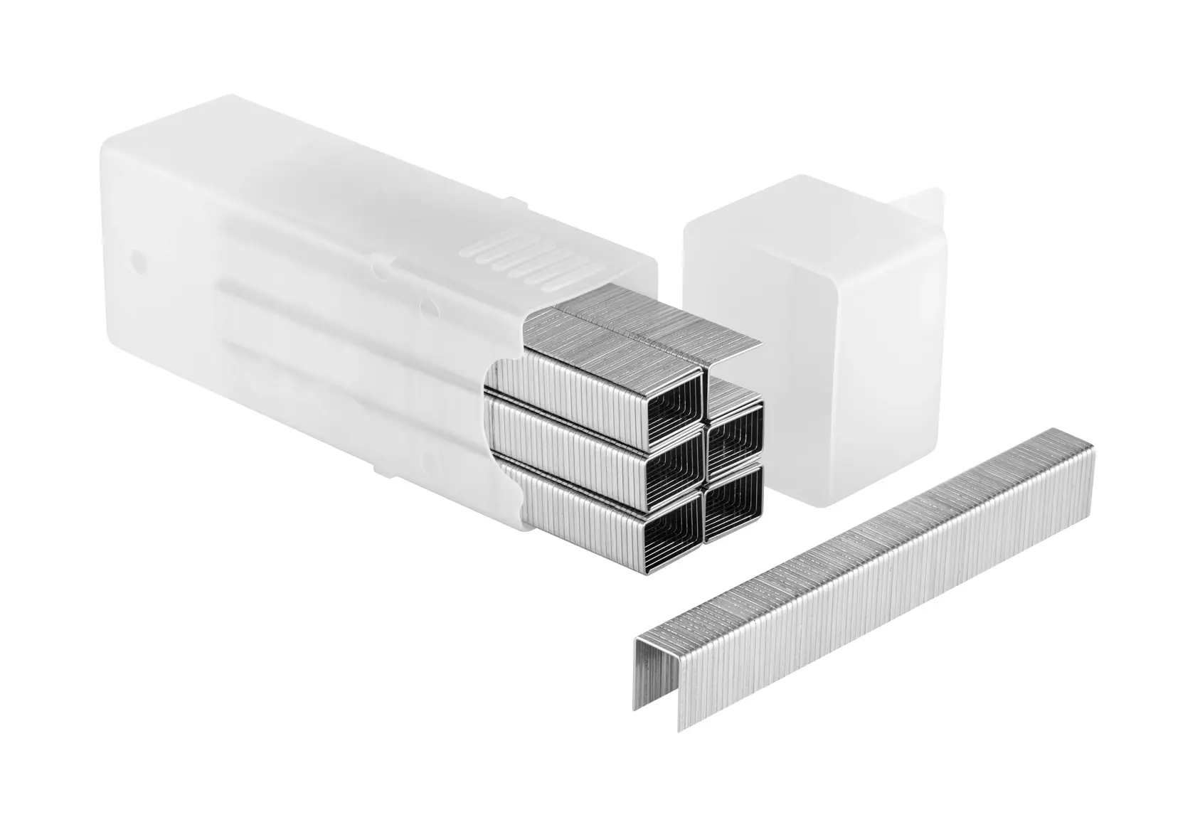 STANLEY TRA709T grapas, fotografía de producto en primer plano con varias tiras de grapas plateadas y estuche blanco.