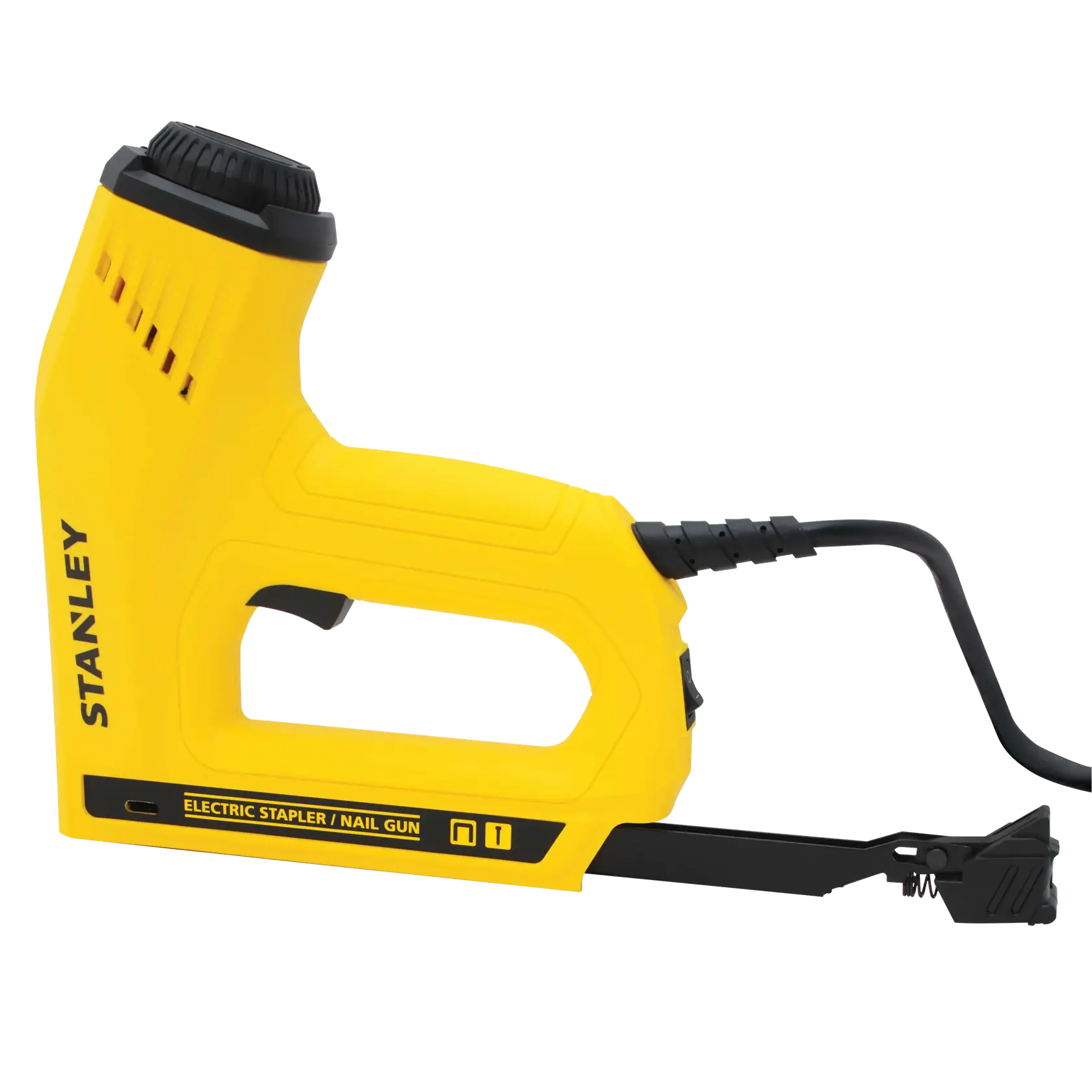 Stanley TRE550Z grapadora clavadora eléctrica, cuerpo amarillo, vista lateral sobre fondo blanco.