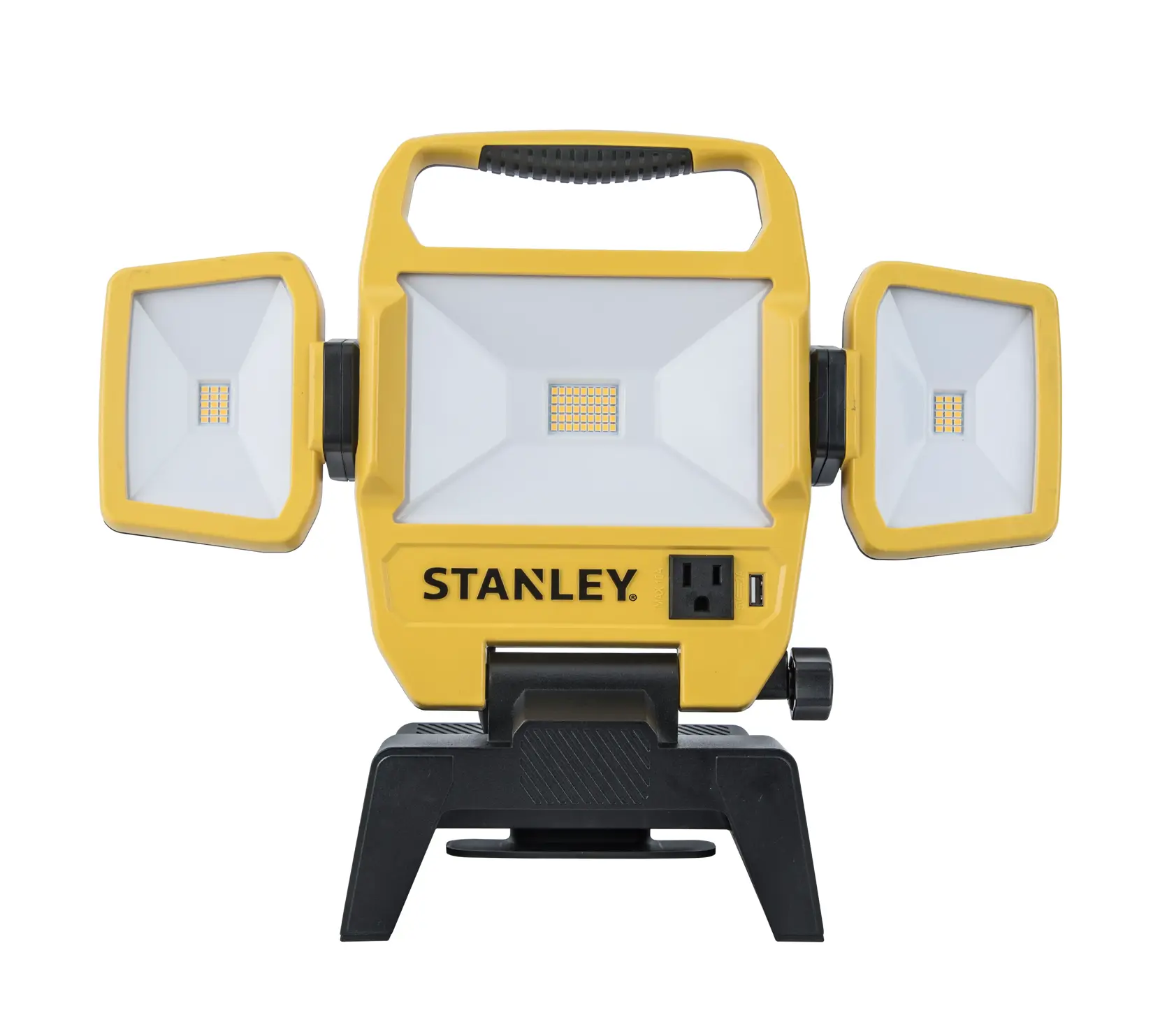 Fotografía de la luz de trabajo STANLEY 7629103430 con tres paneles LED ajustables, cuerpo amarillo, toma de corriente y puerto USB, vista frontal.
